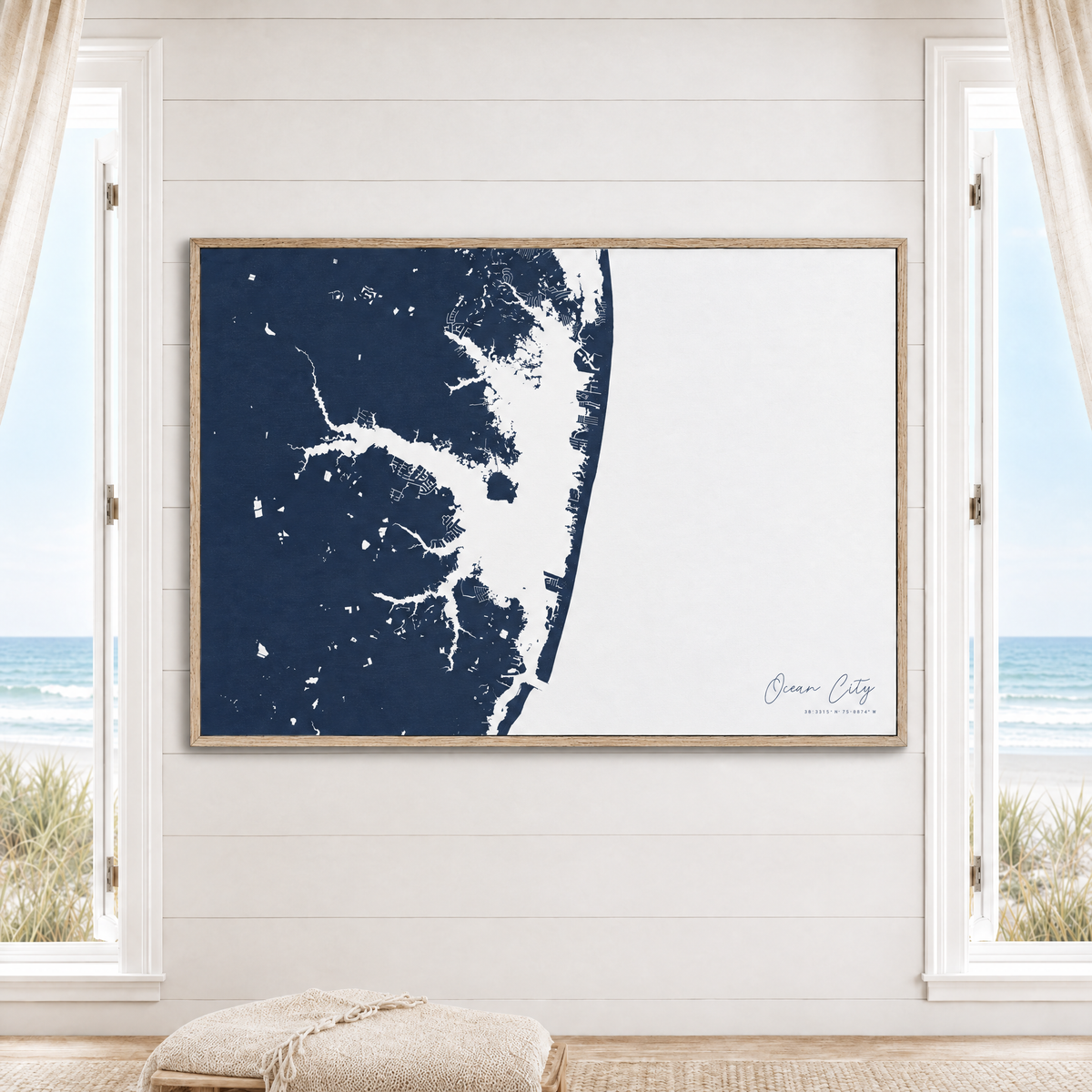 Ocean City horizontal canvas map in Navy, window interior
