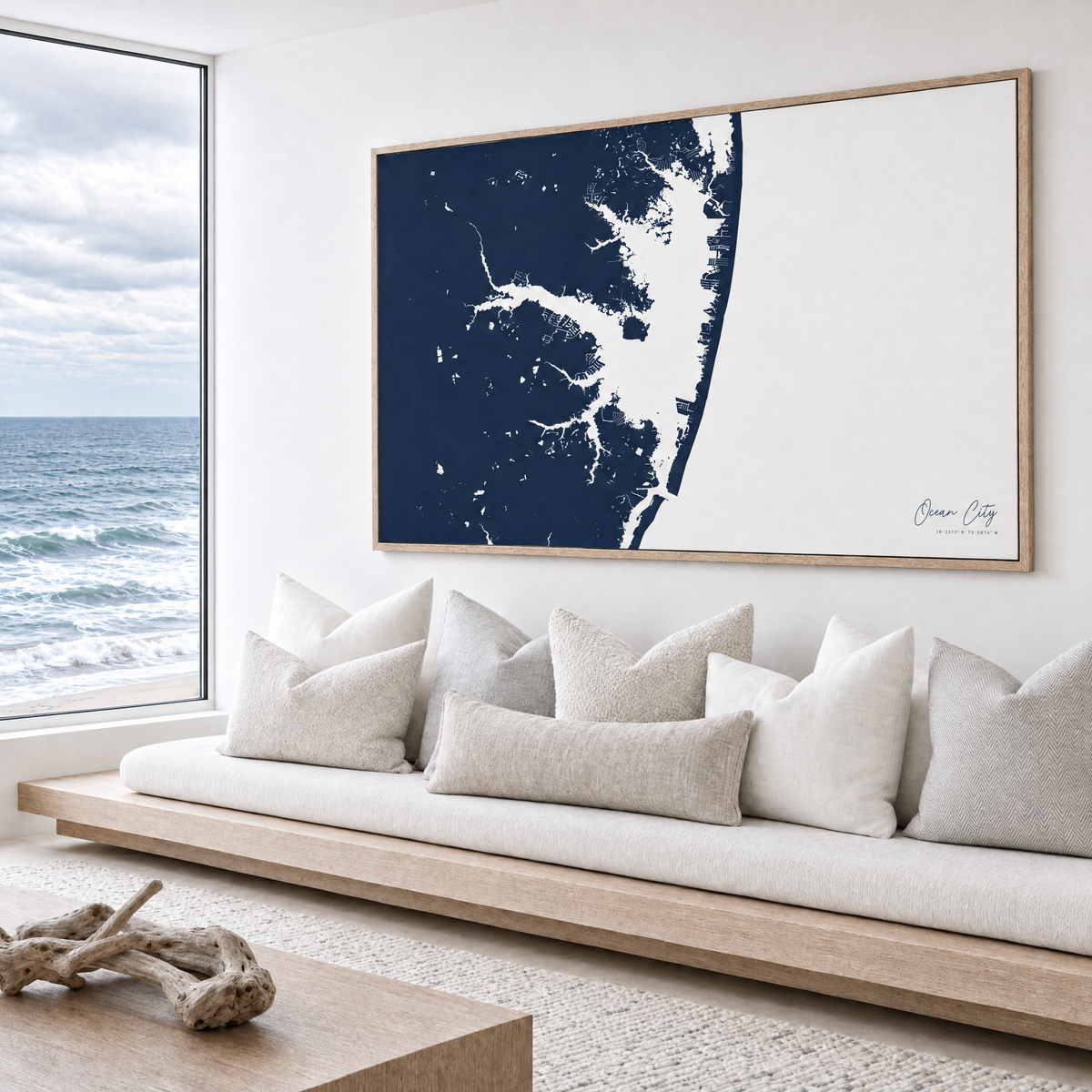 Ocean City horizontal canvas map in Navy, bench beside a water view