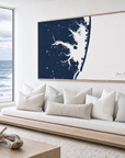 Ocean City horizontal canvas map in Navy, bench beside a water view