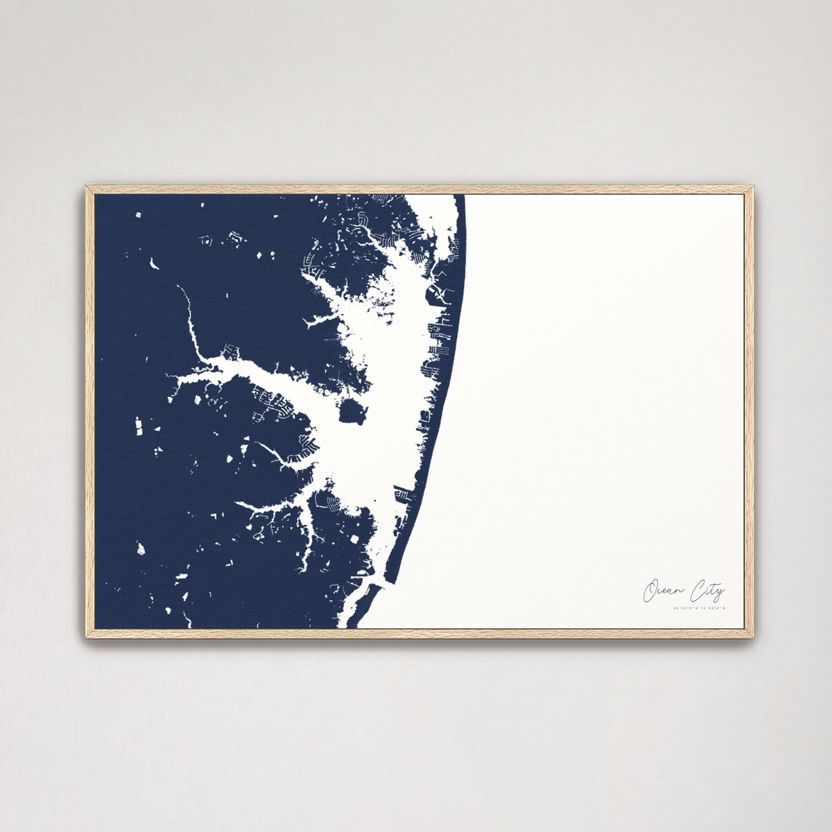 Ocean City horizontal canvas map, Navy, Natural Oak