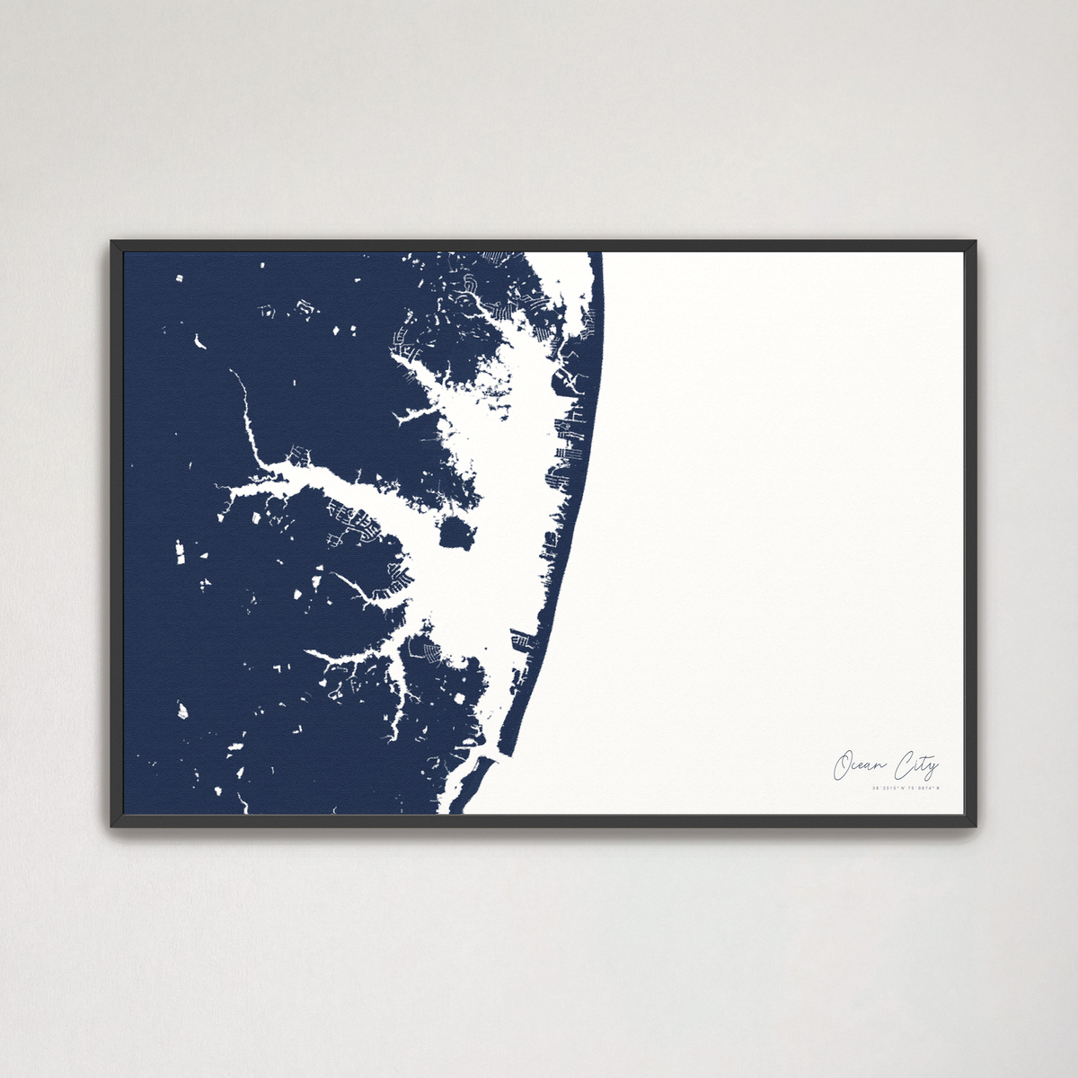 Ocean City horizontal canvas map, Navy, Black Frame