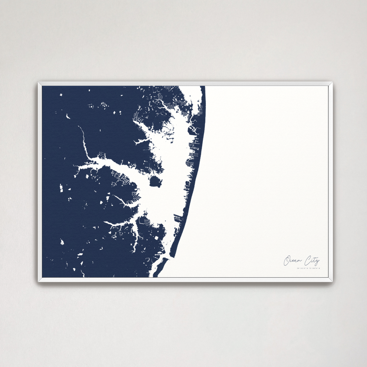 Ocean City horizontal canvas map, Navy, White Frame