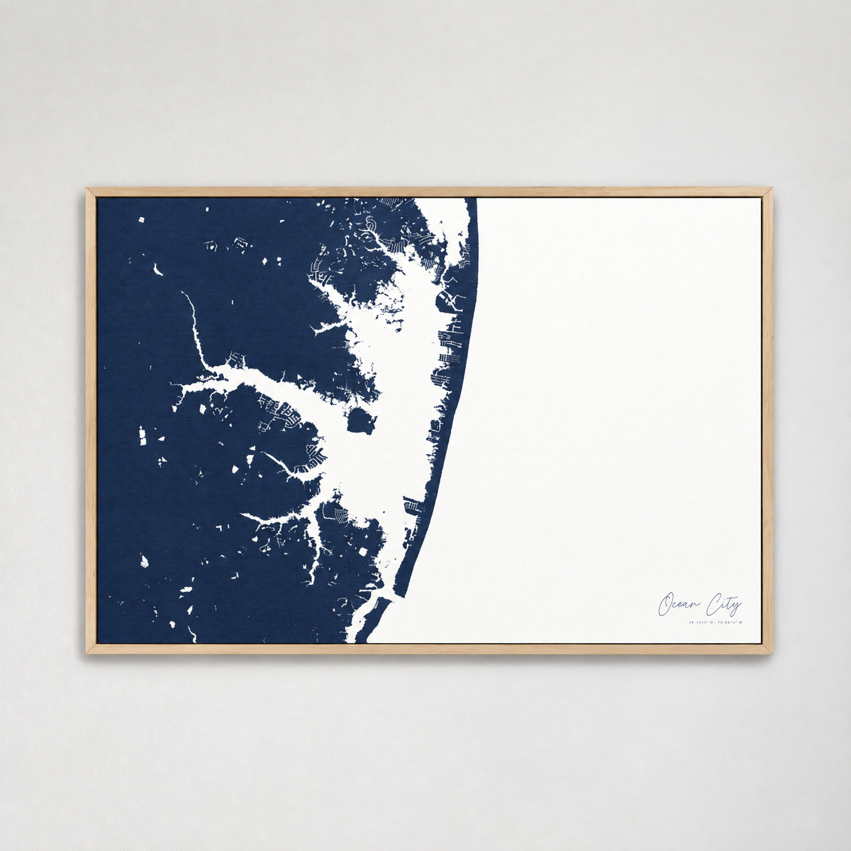 Ocean City horizontal canvas map, Navy, Light Wood