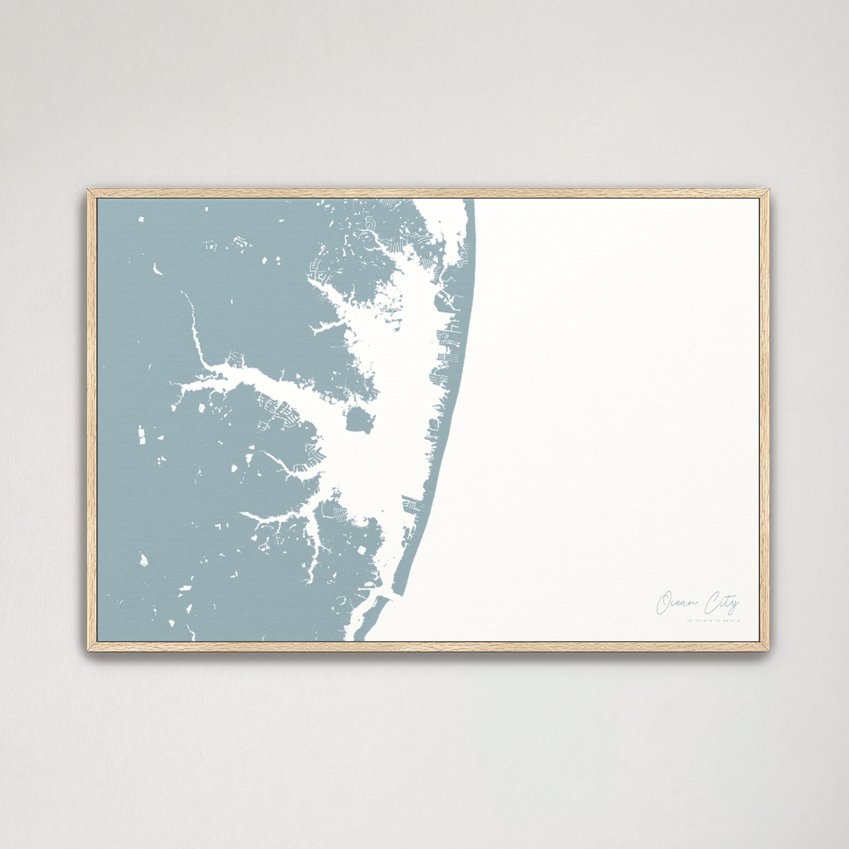 Ocean City horizontal canvas map, Soft Blue, Natural Oak