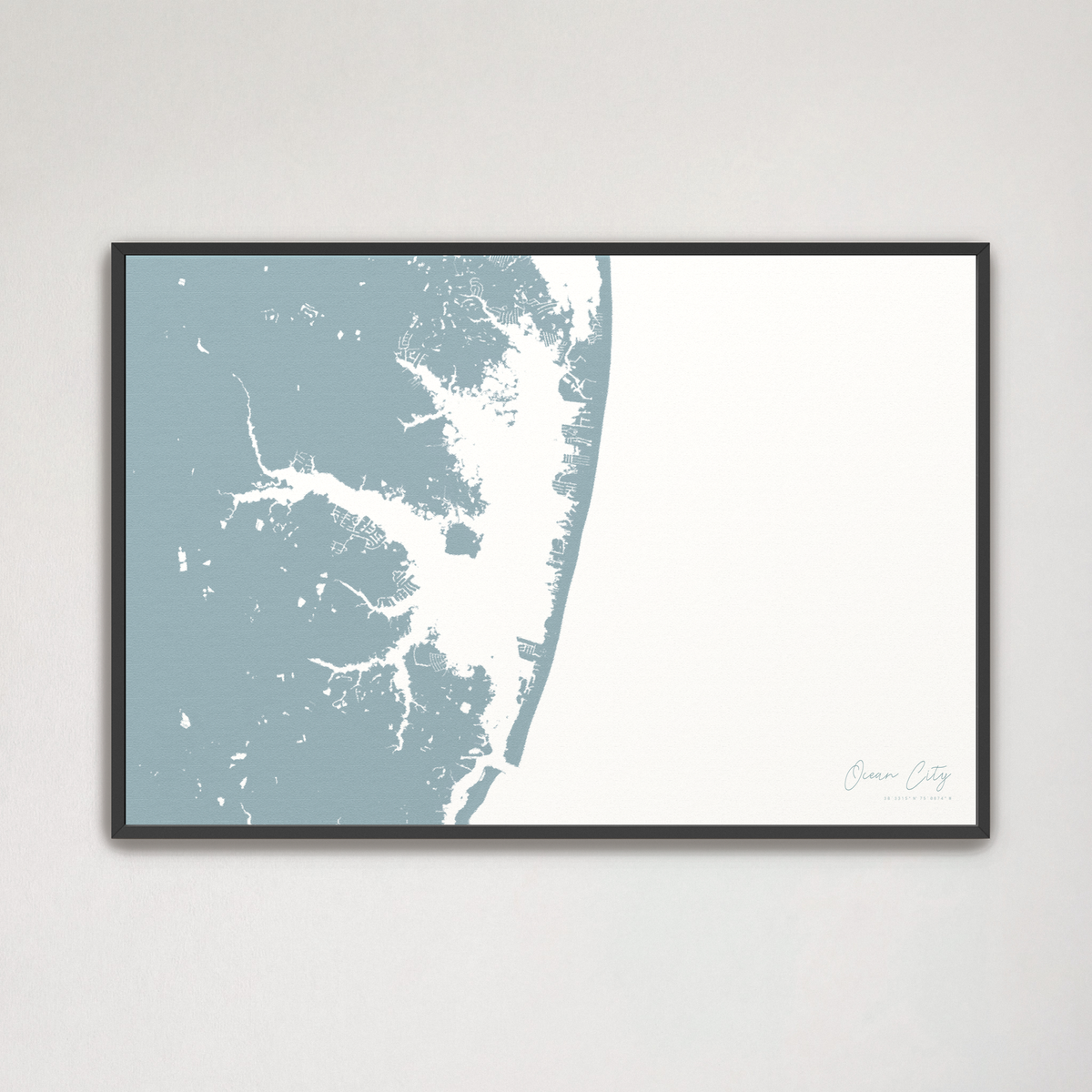 Ocean City horizontal canvas map, Soft Blue, Black Frame