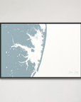 Ocean City horizontal canvas map, Soft Blue, Black Frame