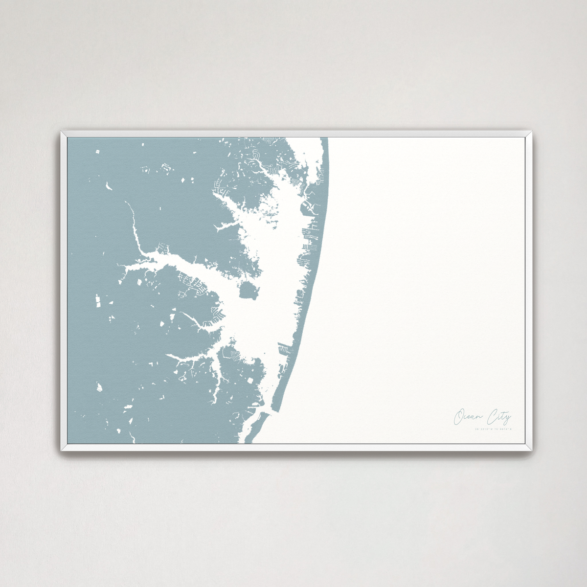 Ocean City horizontal canvas map, Soft Blue, White Frame