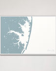 Ocean City horizontal canvas map, Soft Blue, White Frame