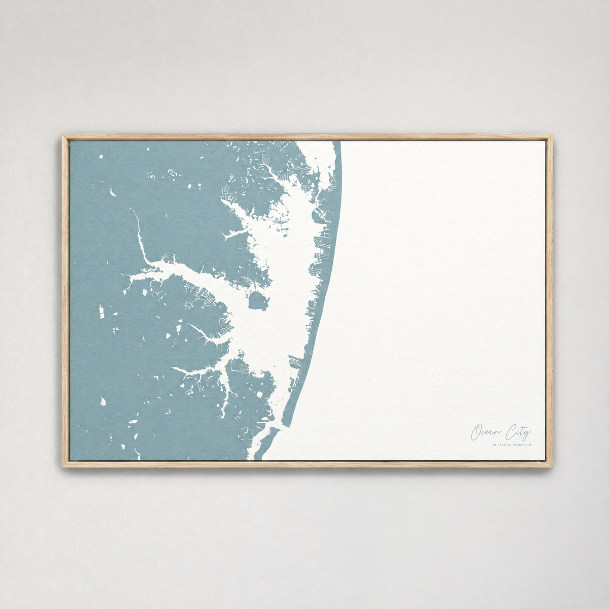 Ocean City horizontal canvas map, Soft Blue, Light Wood