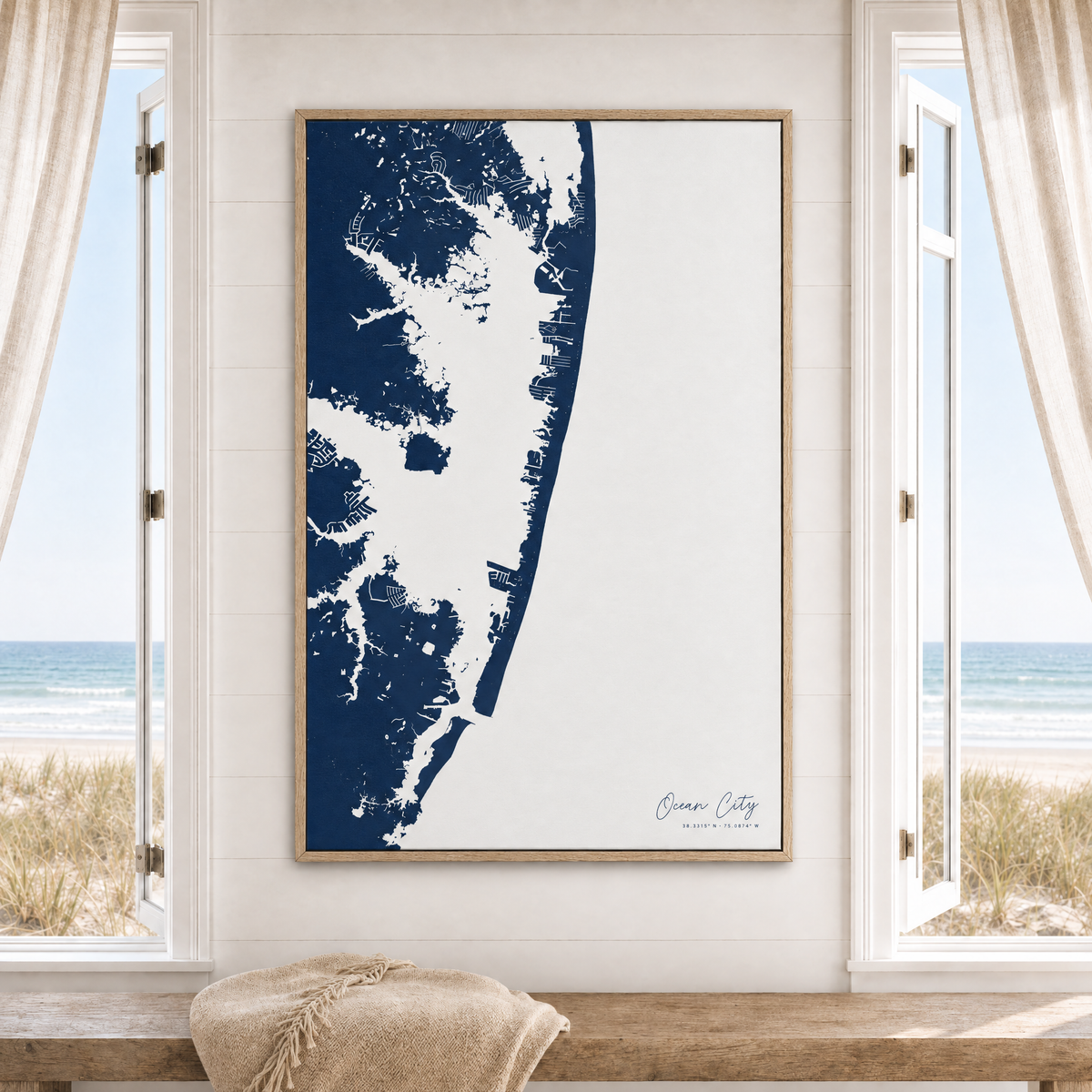 Ocean City vertical canvas map in Navy, window interior