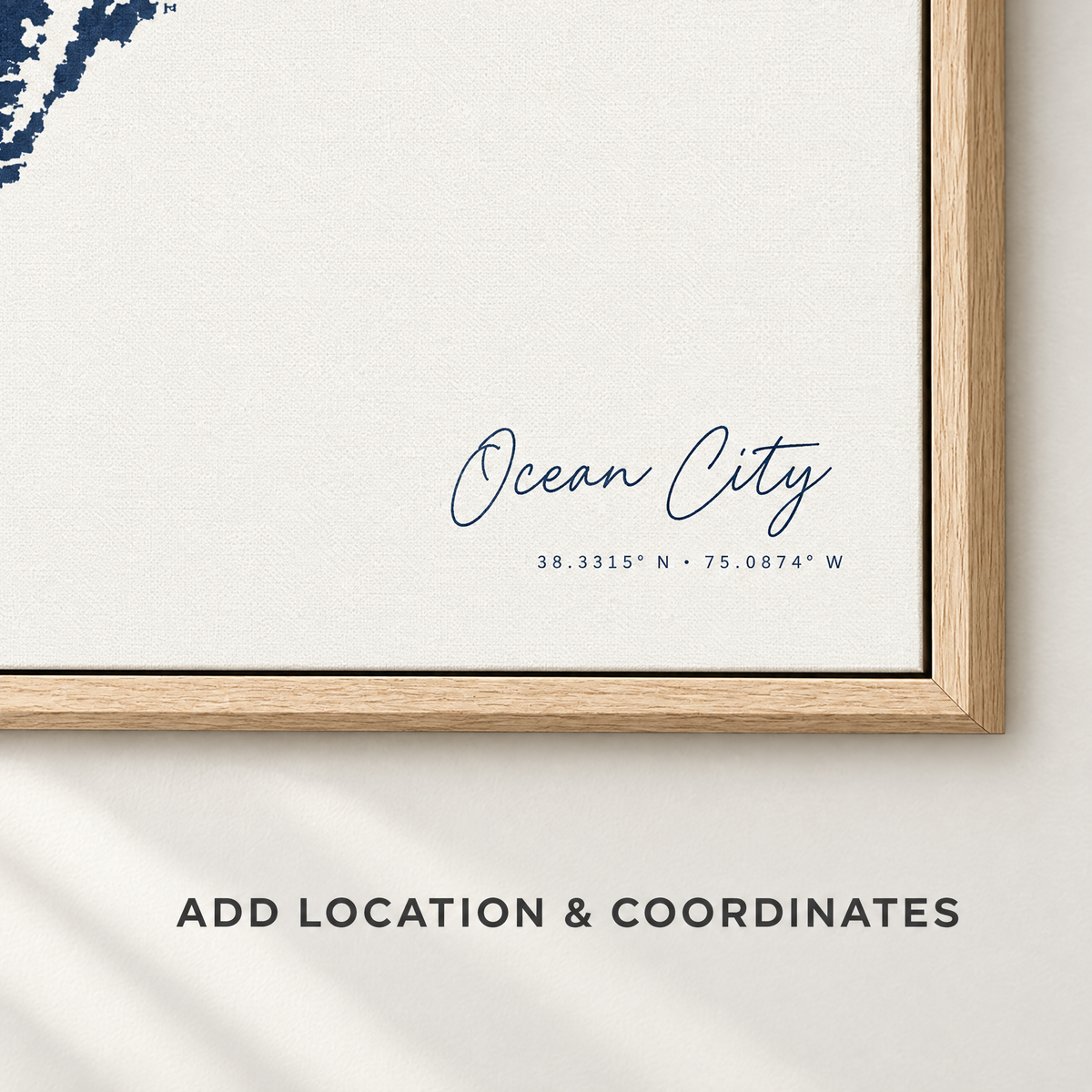 Ocean City vertical canvas map in Navy, location and coordinates detail