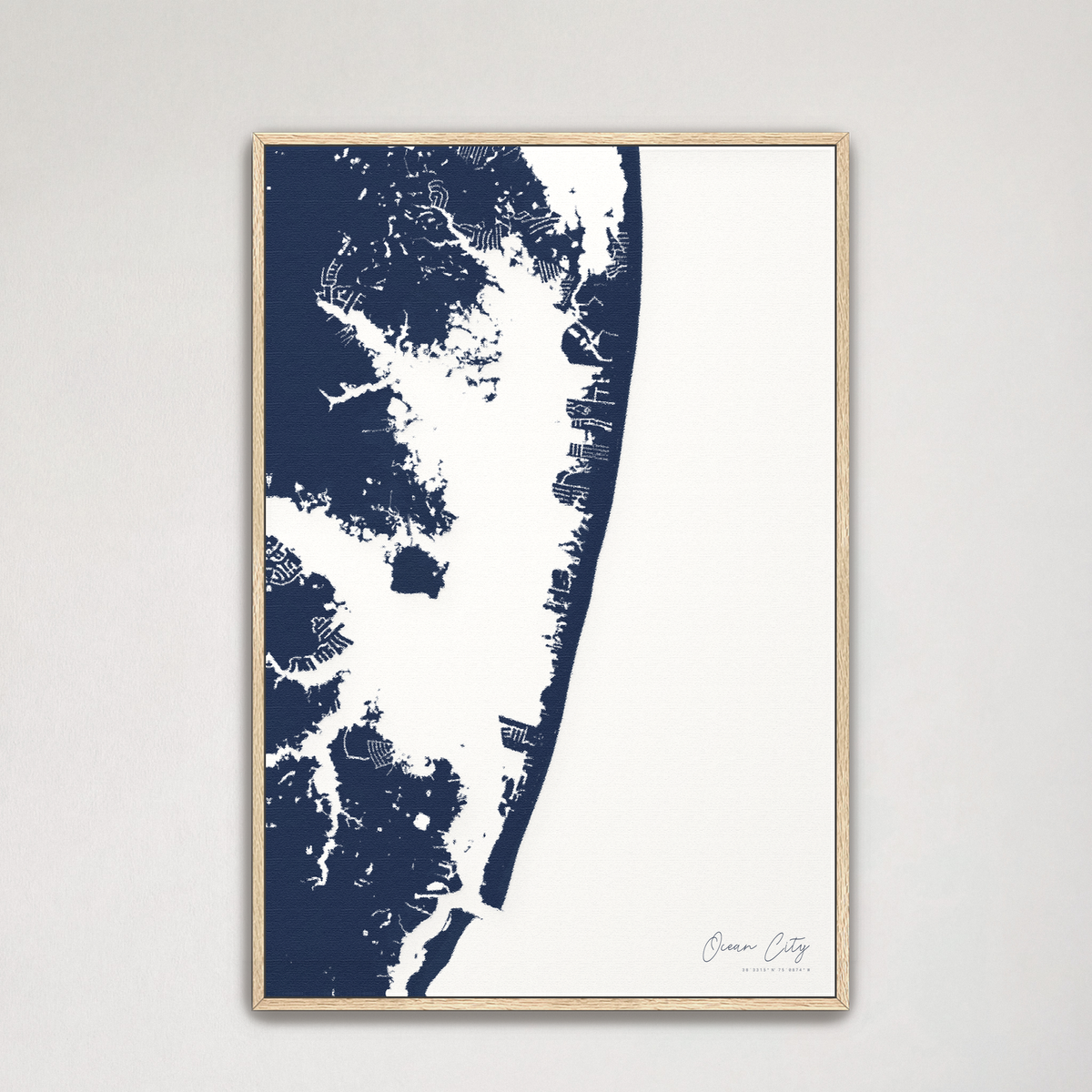 Ocean City vertical canvas map, Navy, Natural Oak