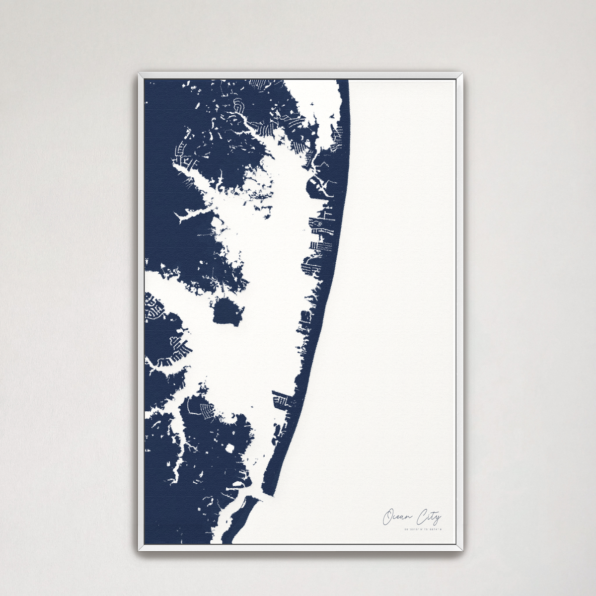 Ocean City vertical canvas map, Navy, White Frame