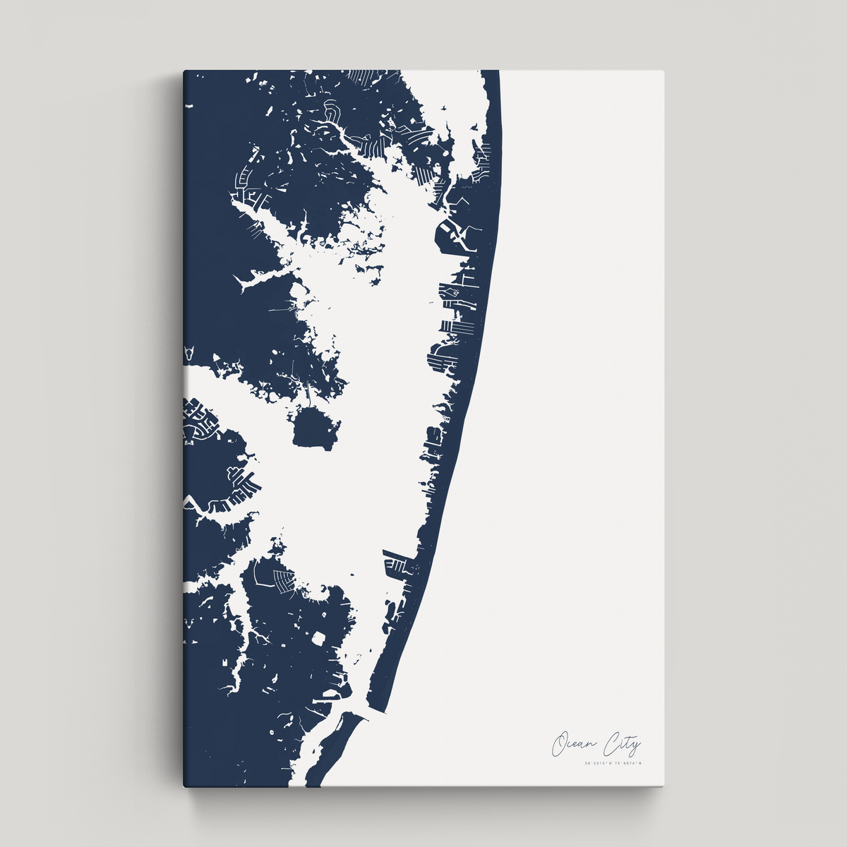 Ocean City vertical canvas map, Navy, No Frame