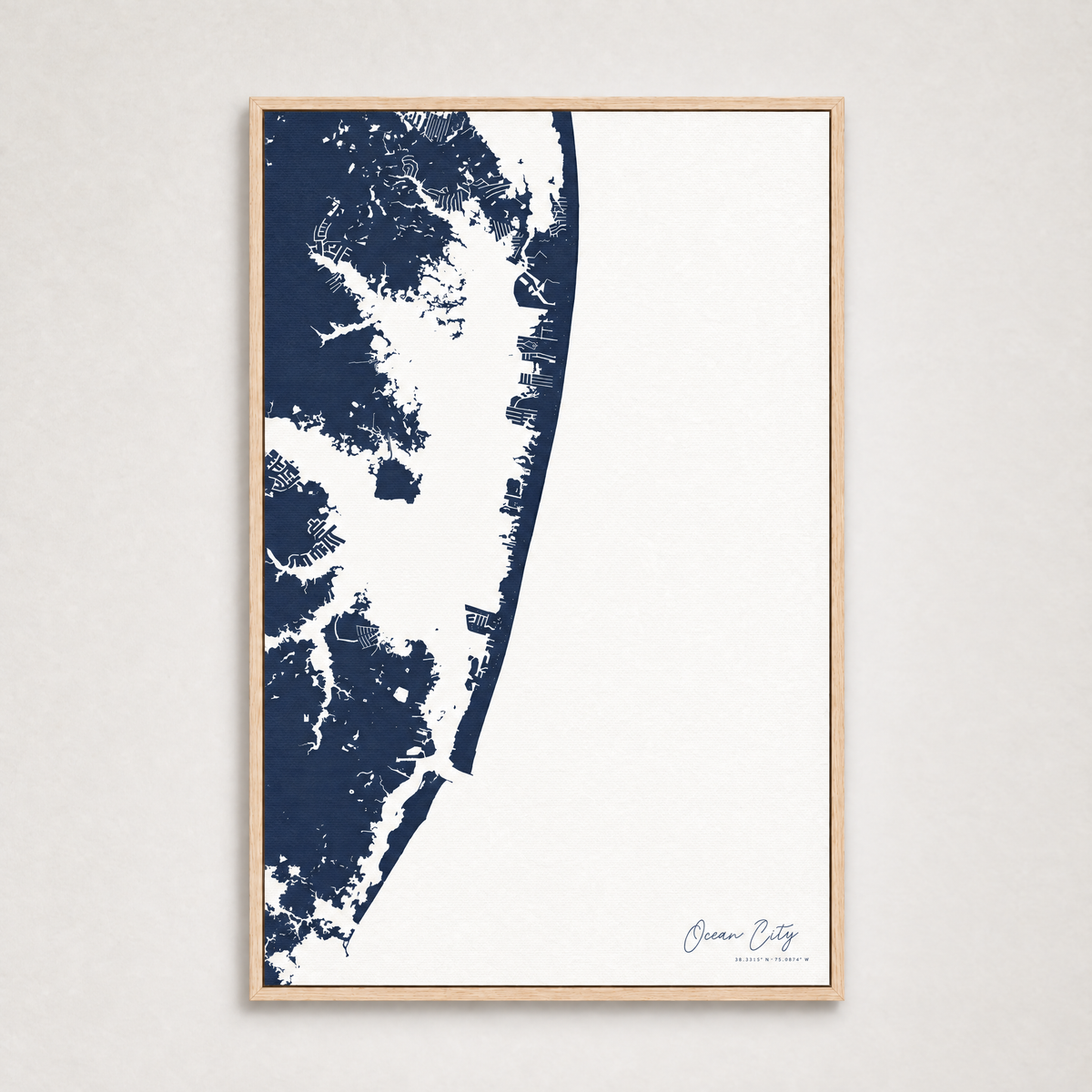Ocean City vertical canvas map, Navy, Light Wood