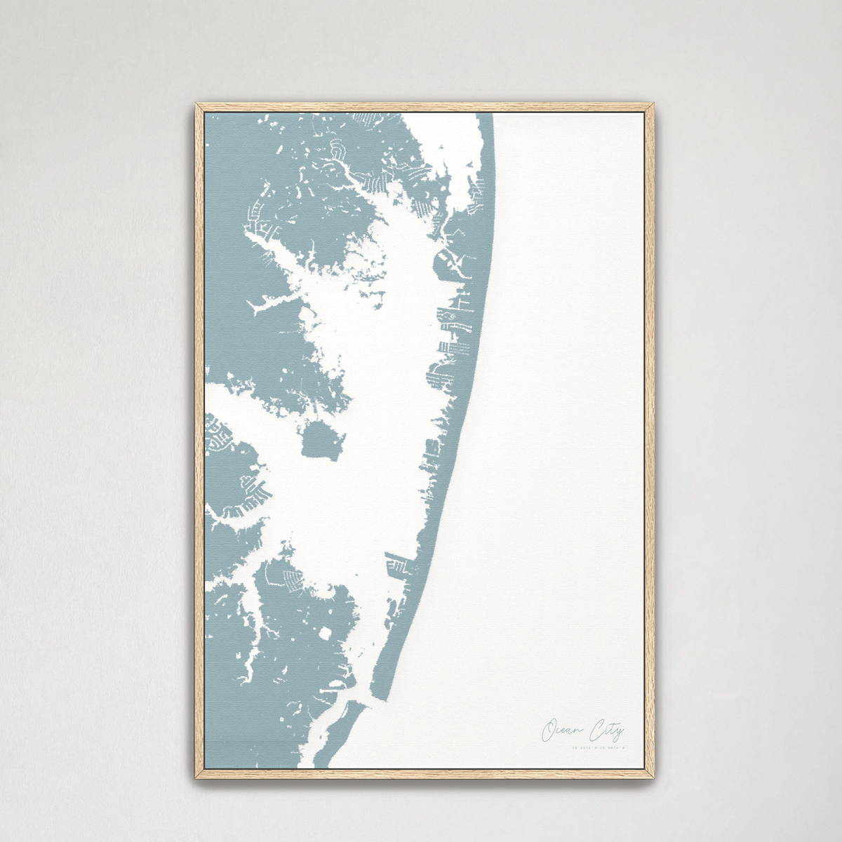 Ocean City vertical canvas map, Soft Blue, Natural Oak