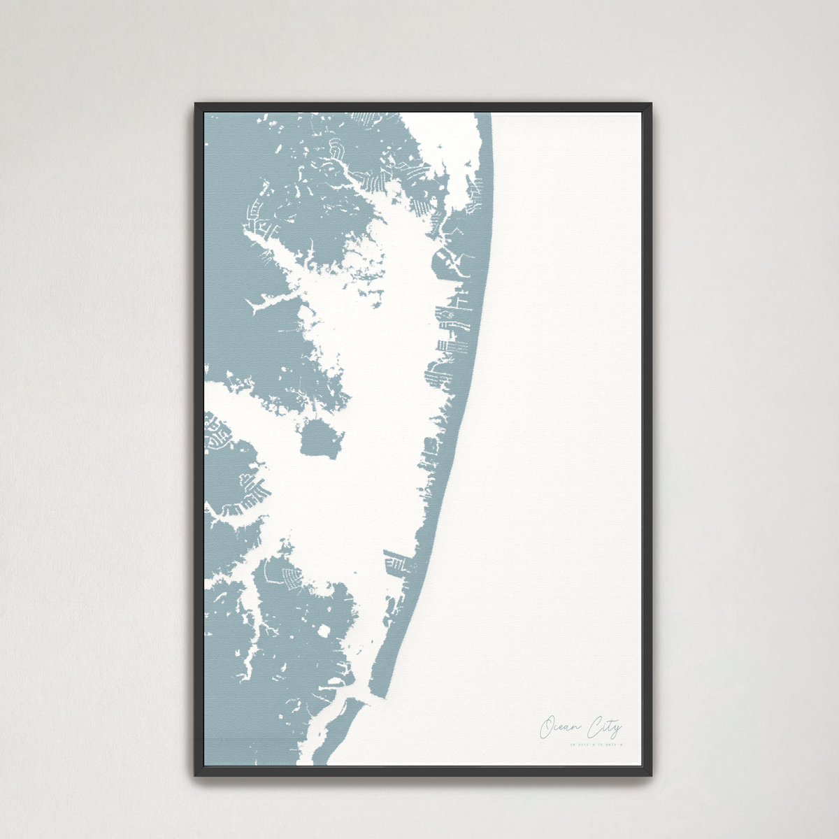 Ocean City vertical canvas map, Soft Blue, Black Frame