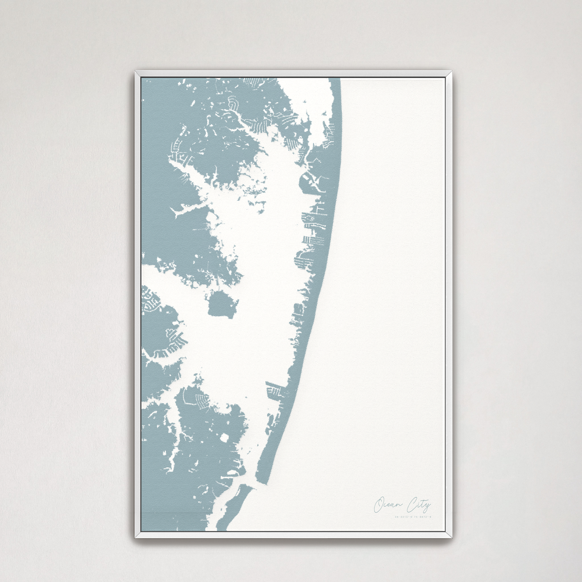 Ocean City vertical canvas map, Soft Blue, White Frame