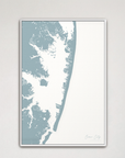 Ocean City vertical canvas map, Soft Blue, White Frame