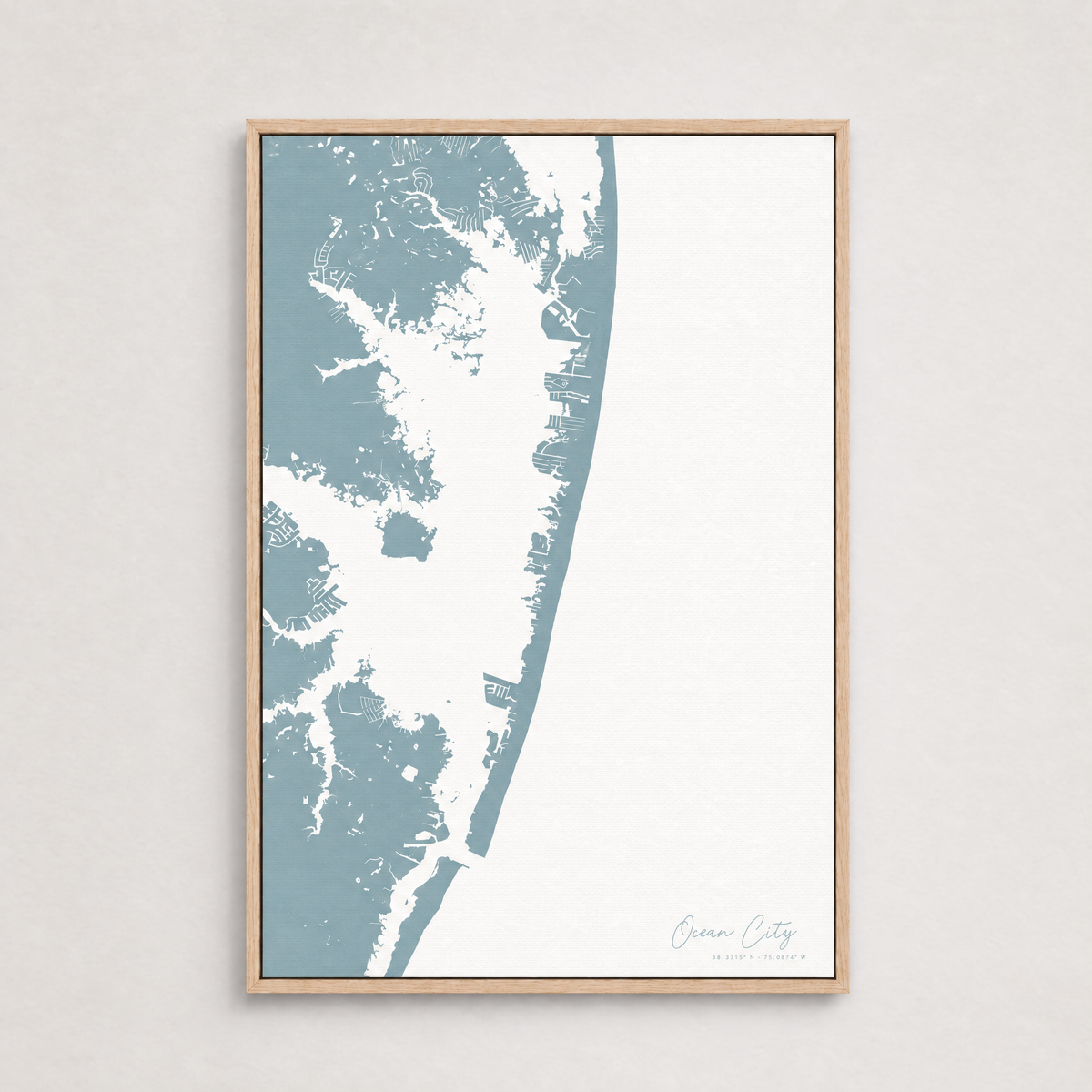 Ocean City vertical canvas map, Soft Blue, Light Wood