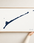 Ocracoke horizontal canvas map in Navy, hands holding an oak-framed canvas