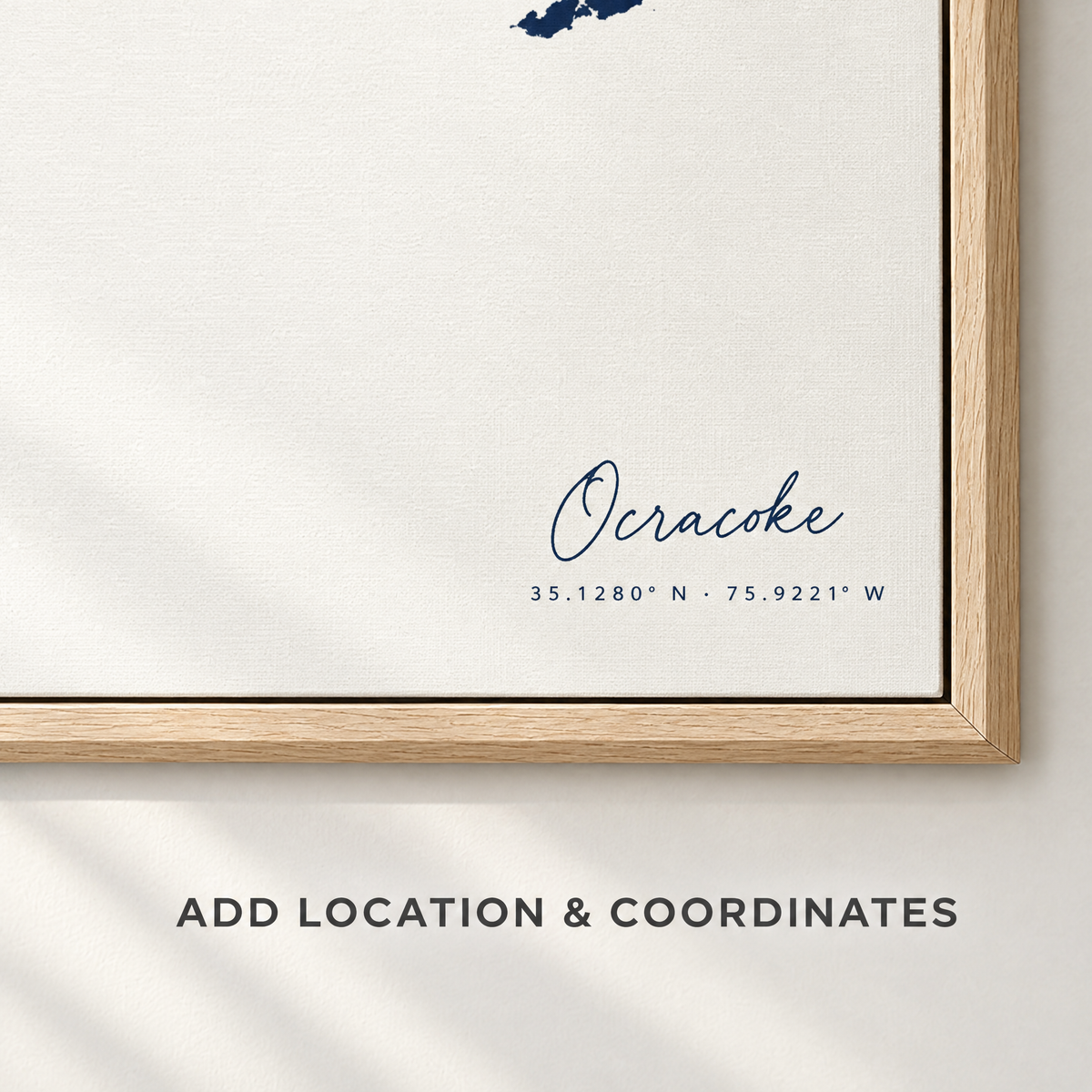 Ocracoke horizontal canvas map in Navy, location and coordinates detail