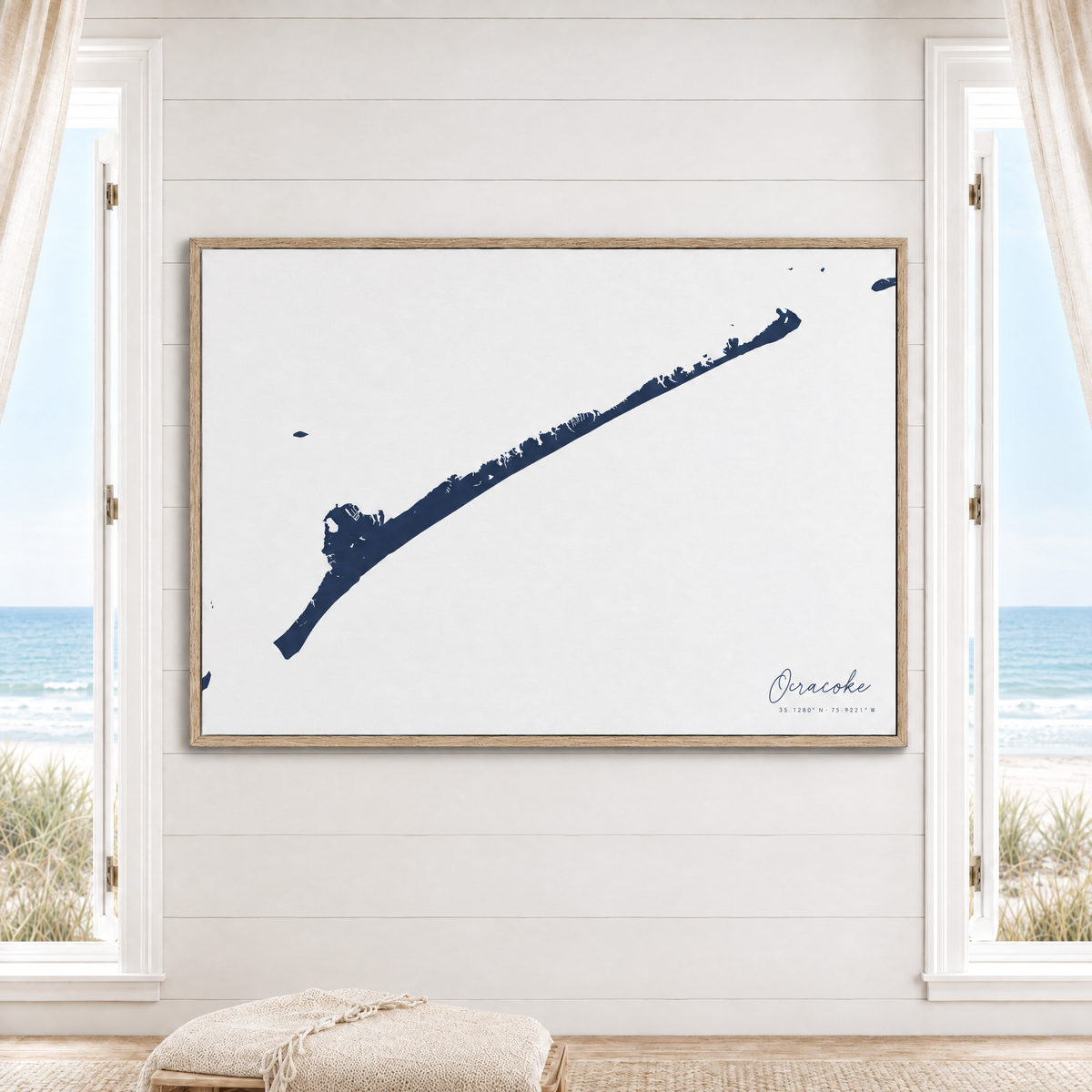 Ocracoke horizontal canvas map in Navy, window interior