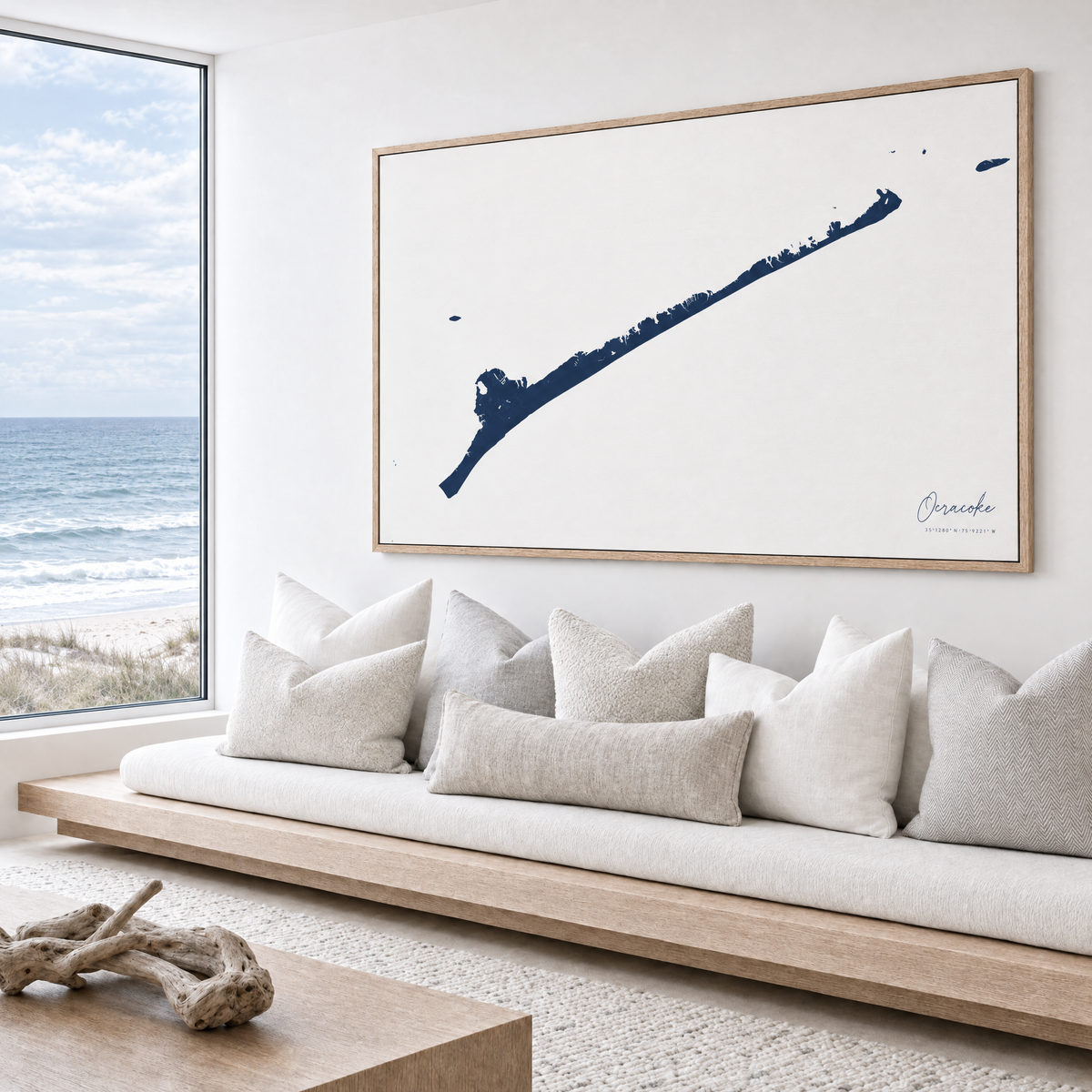 Ocracoke horizontal canvas map in Navy, bench beside a water view