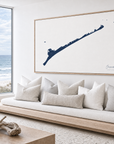 Ocracoke horizontal canvas map in Navy, bench beside a water view