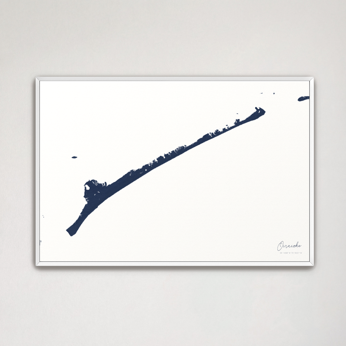 Ocracoke horizontal canvas map, Navy, White Frame