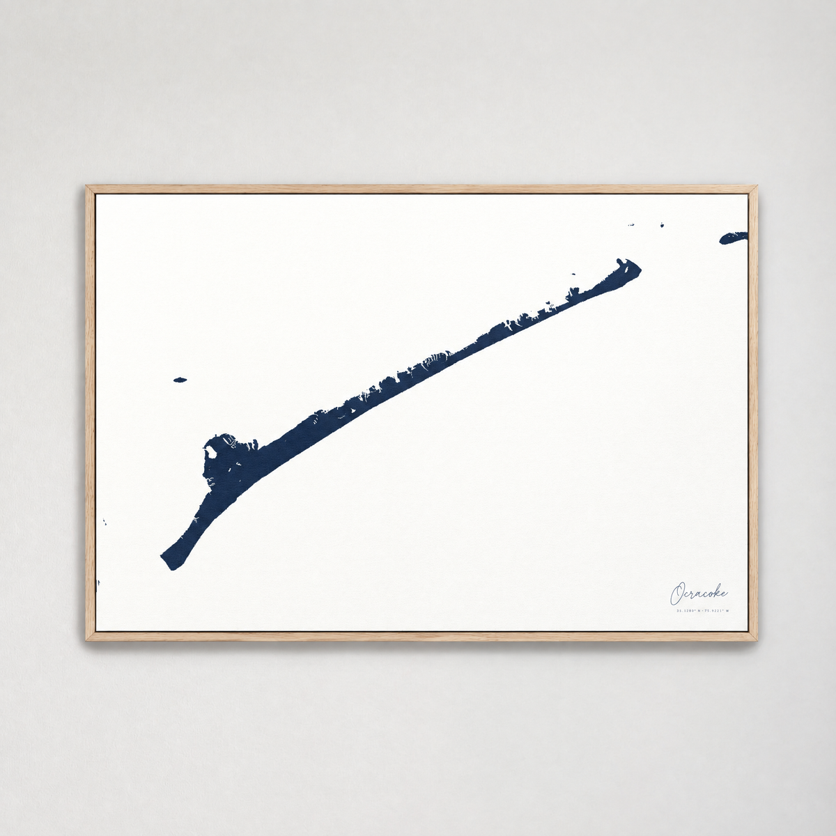 Ocracoke horizontal canvas map, Navy, Light Wood