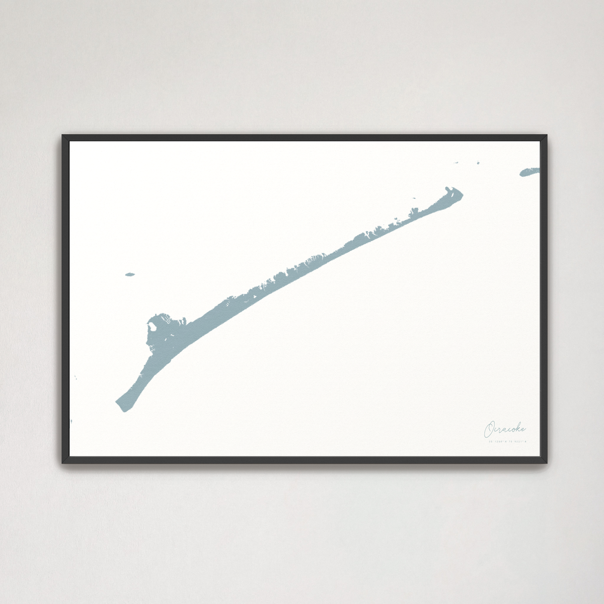 Ocracoke horizontal canvas map, Soft Blue, Black Frame