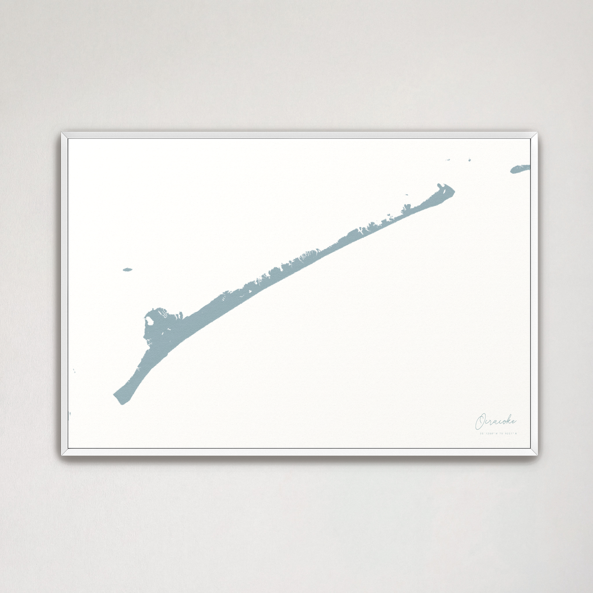 Ocracoke horizontal canvas map, Soft Blue, White Frame