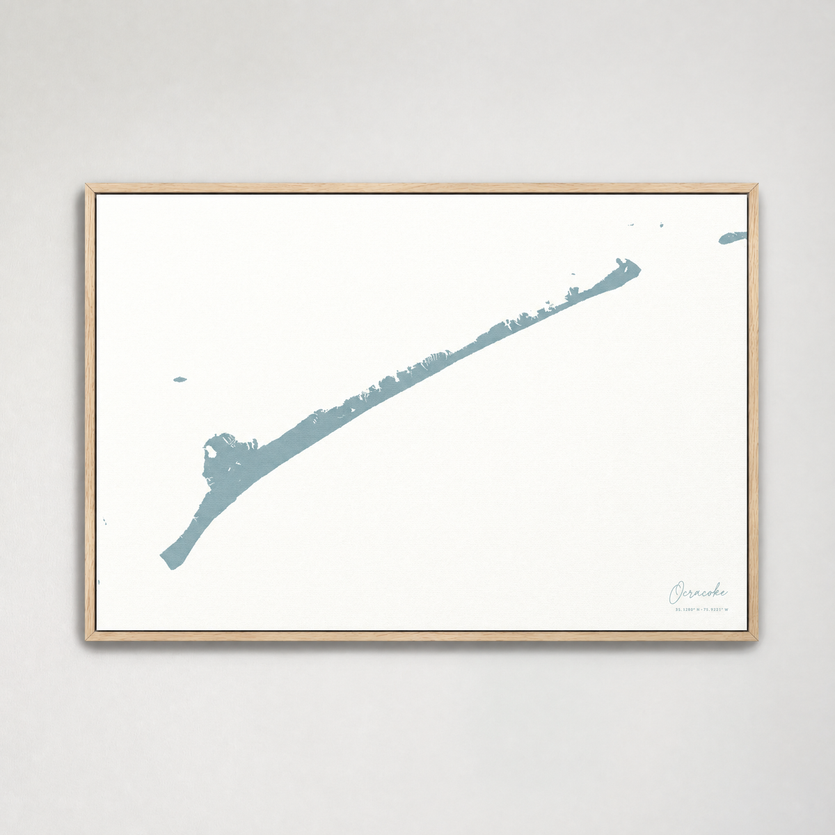 Ocracoke horizontal canvas map, Soft Blue, Light Wood