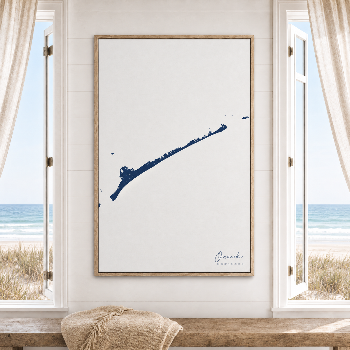 Ocracoke vertical canvas map in Navy, window interior