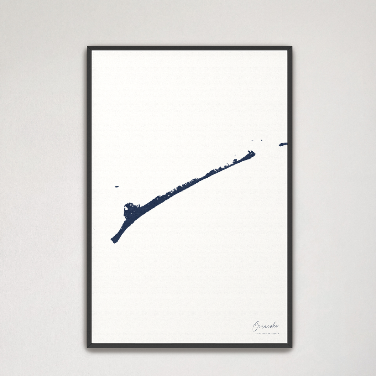 Ocracoke vertical canvas map, Navy, Black Frame