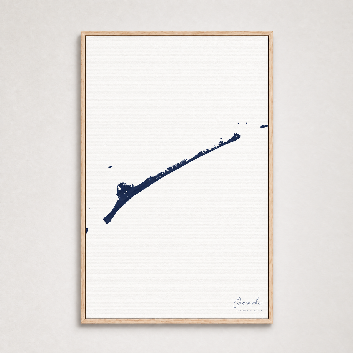 Ocracoke vertical canvas map, Navy, Light Wood