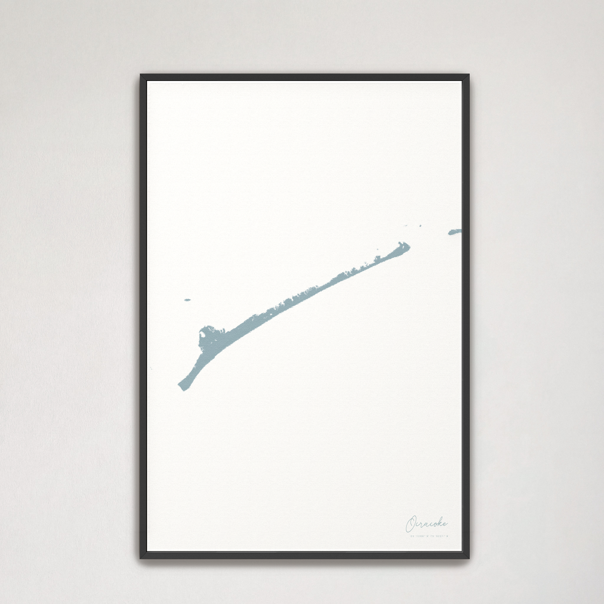 Ocracoke vertical canvas map, Soft Blue, Black Frame