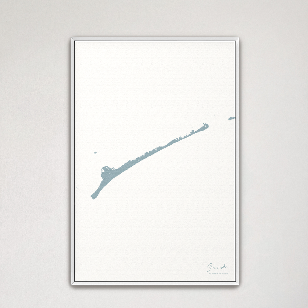 Ocracoke vertical canvas map, Soft Blue, White Frame