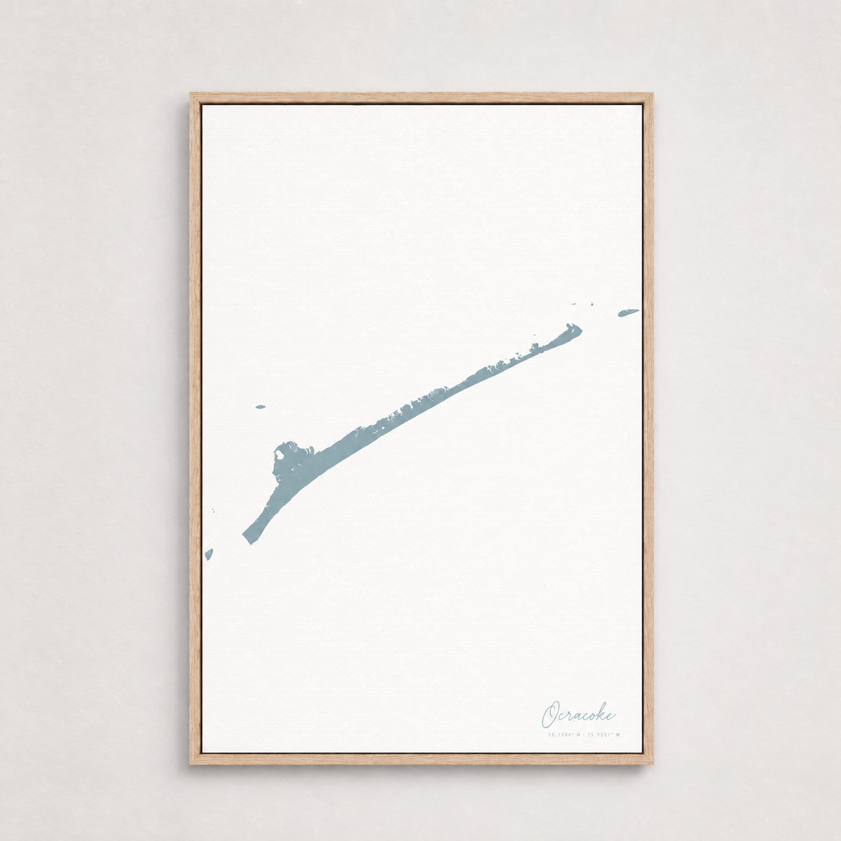 Ocracoke vertical canvas map, Soft Blue, Light Wood