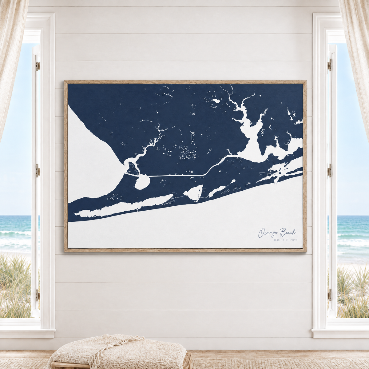 Orange Beach horizontal canvas map in Navy, window interior