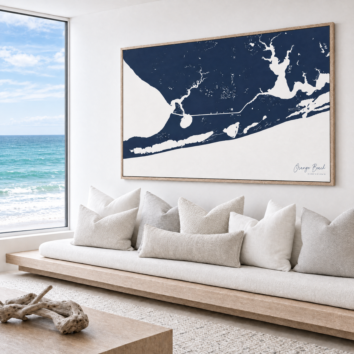 Orange Beach horizontal canvas map in Navy, bench beside a water view
