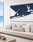 Orange Beach horizontal canvas map in Navy, bench beside a water view