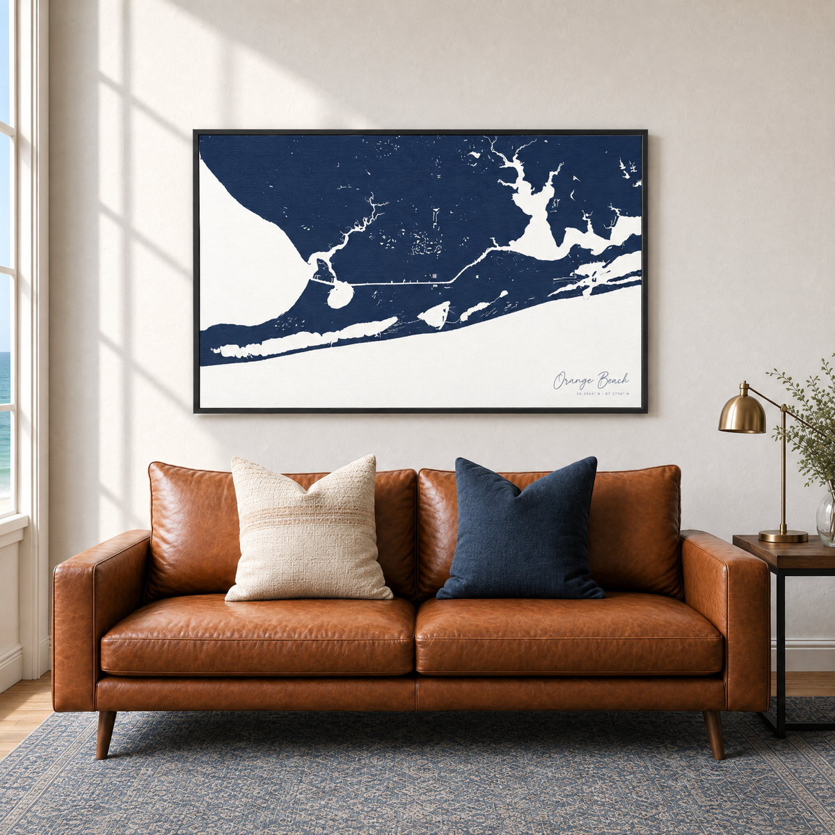 Orange Beach horizontal canvas map in Navy, black-framed canvas above a sofa