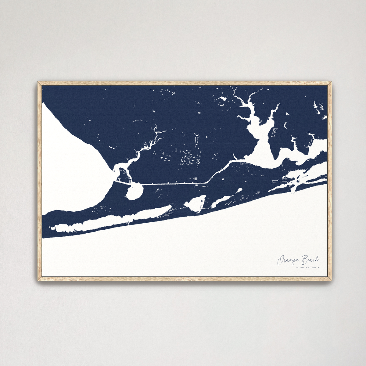 Orange Beach horizontal canvas map, Navy, Natural Oak