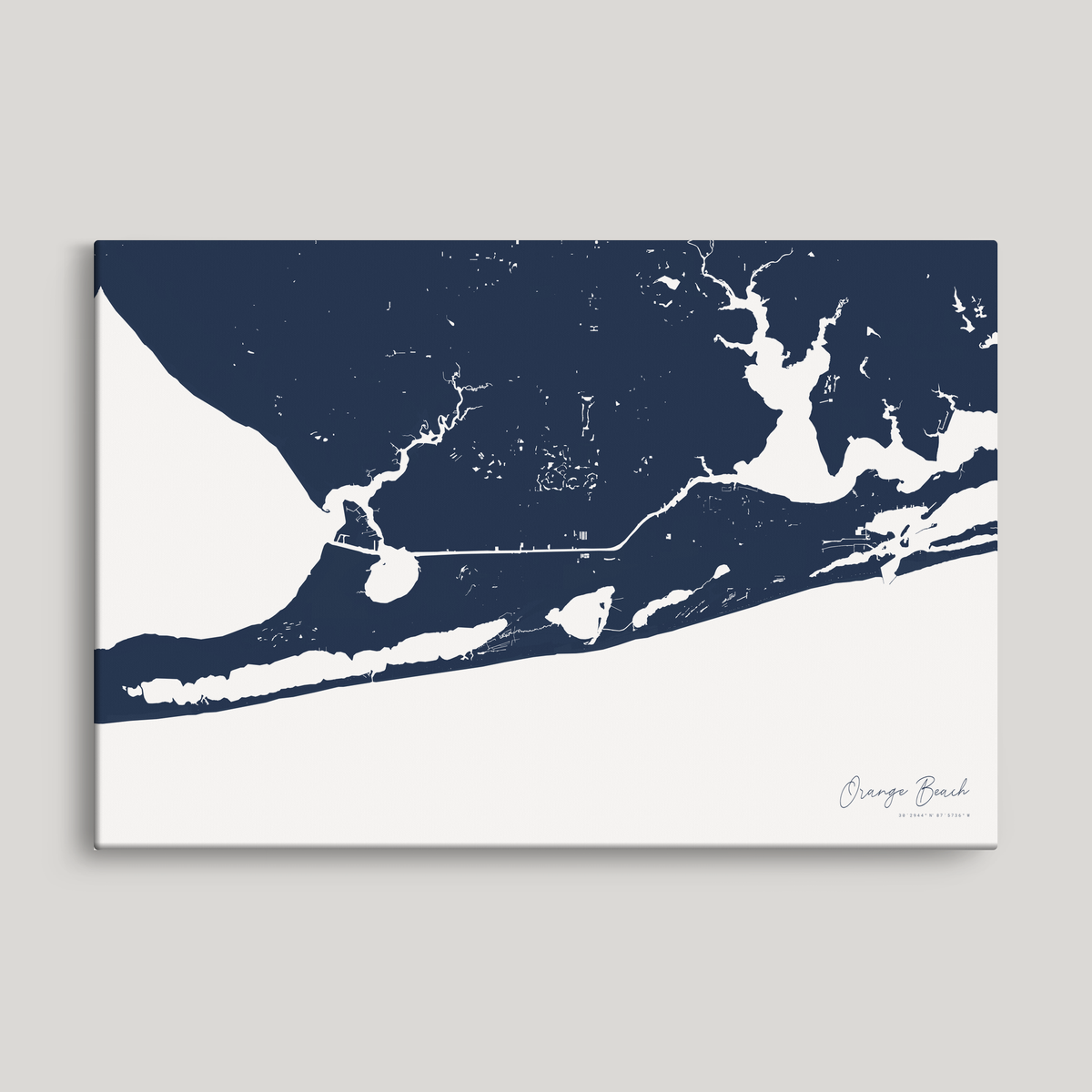 Orange Beach horizontal canvas map, Navy, No Frame