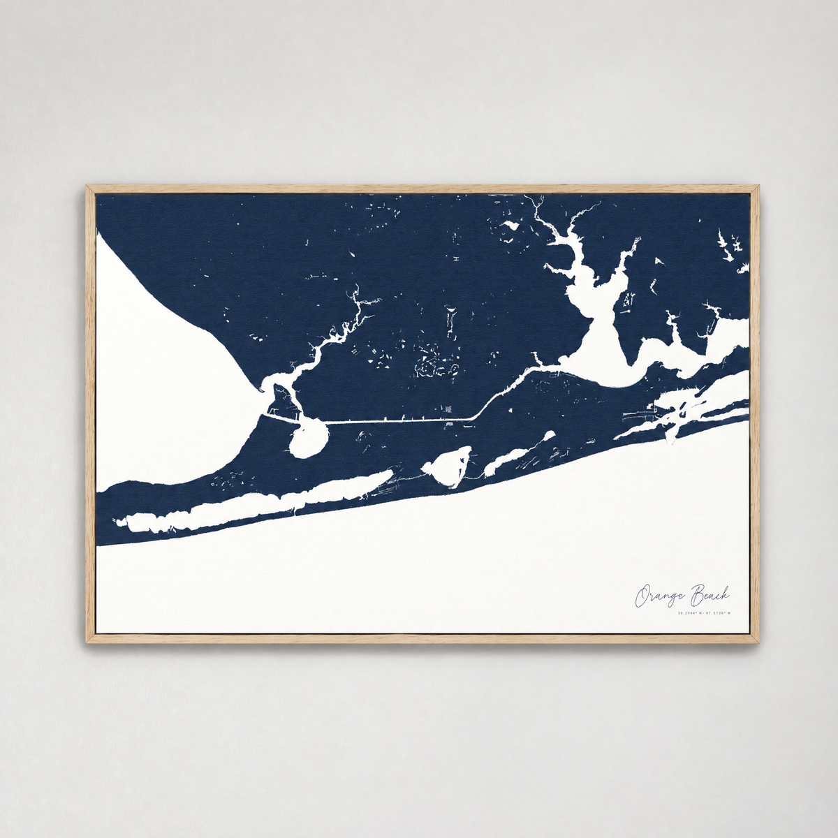 Orange Beach horizontal canvas map, Navy, Light Wood