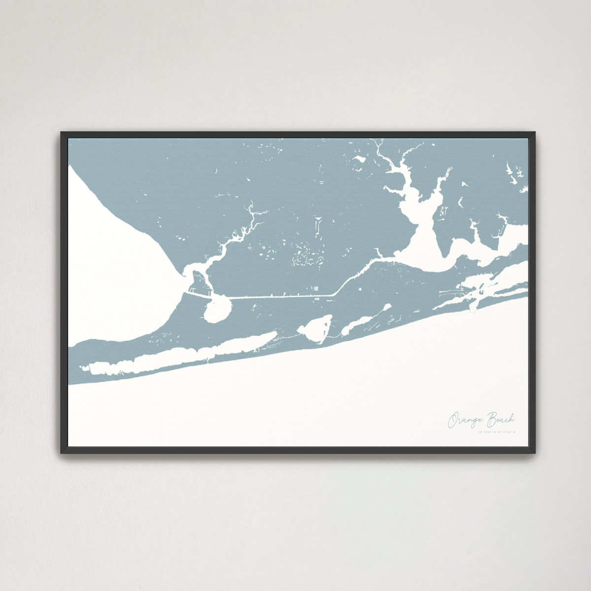 Orange Beach horizontal canvas map, Soft Blue, Black Frame