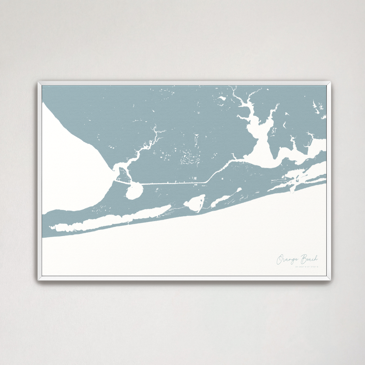 Orange Beach horizontal canvas map, Soft Blue, White Frame