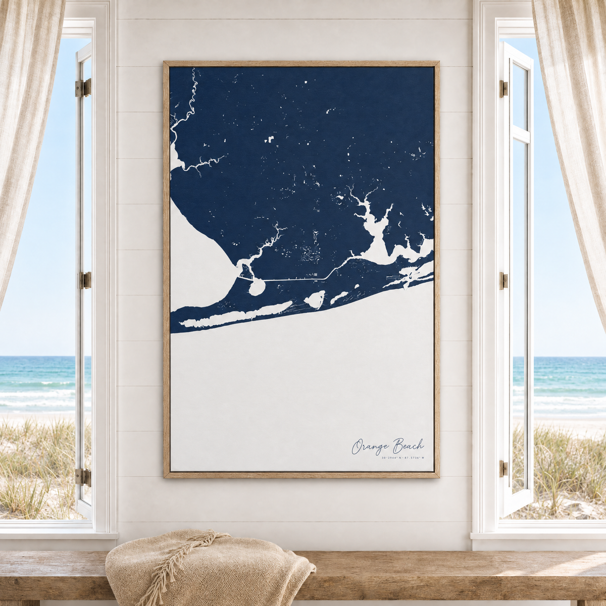 Orange Beach vertical canvas map in Navy, window interior